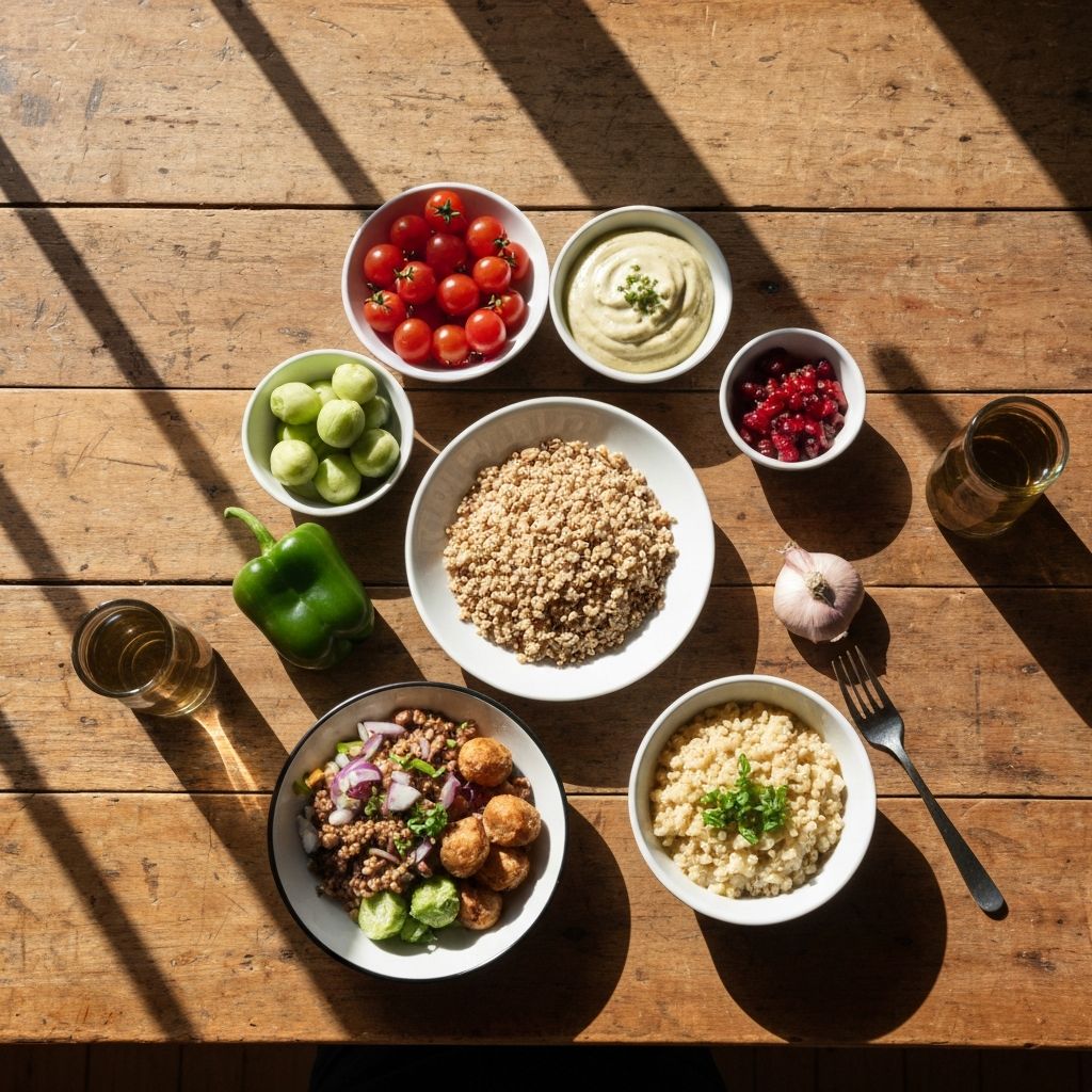 Уравнотежен оброк са свежим поврћем и зрнима на столу